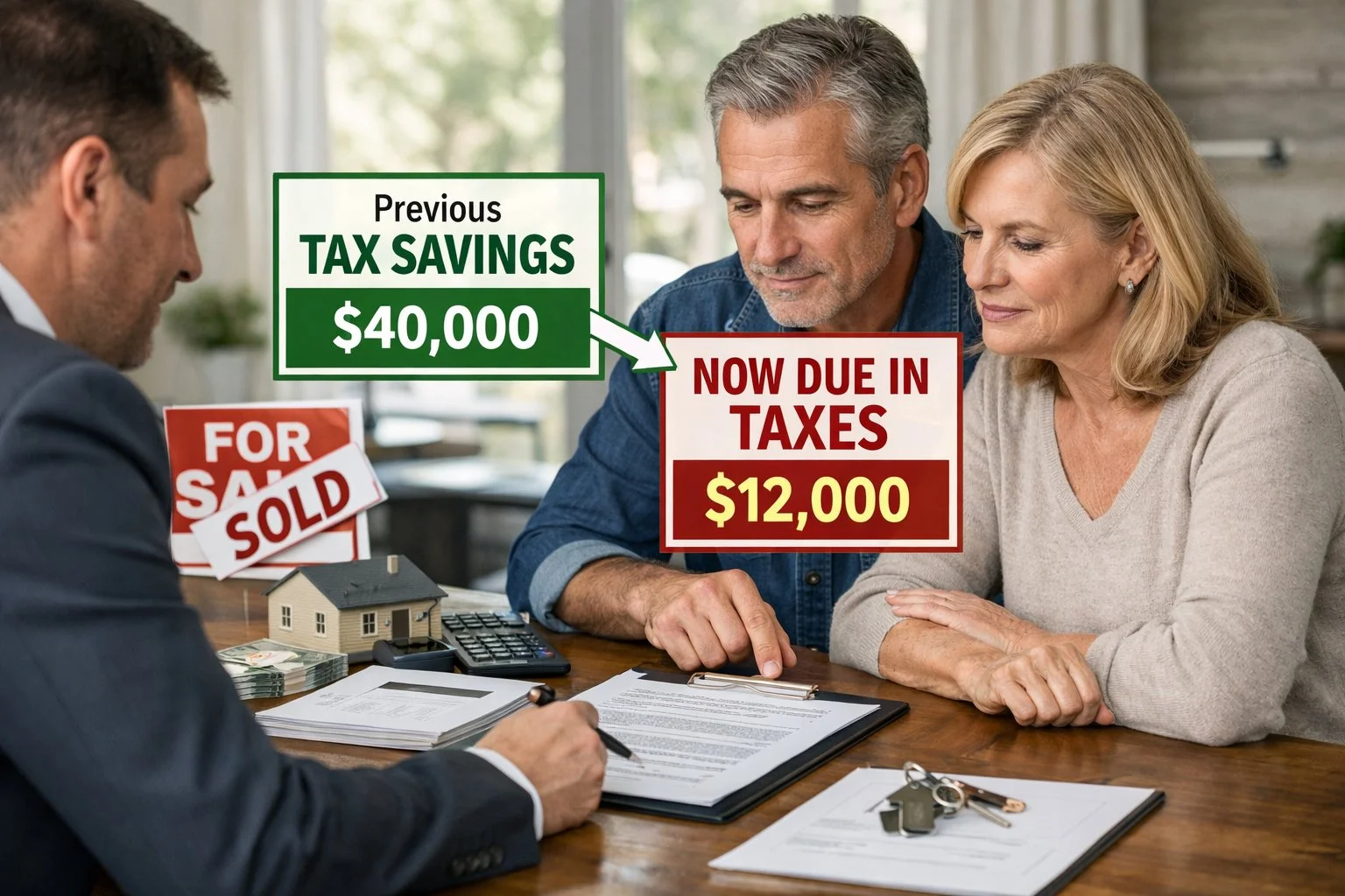 Illustration of a property sale showing earlier tax savings partially returning as taxes due.