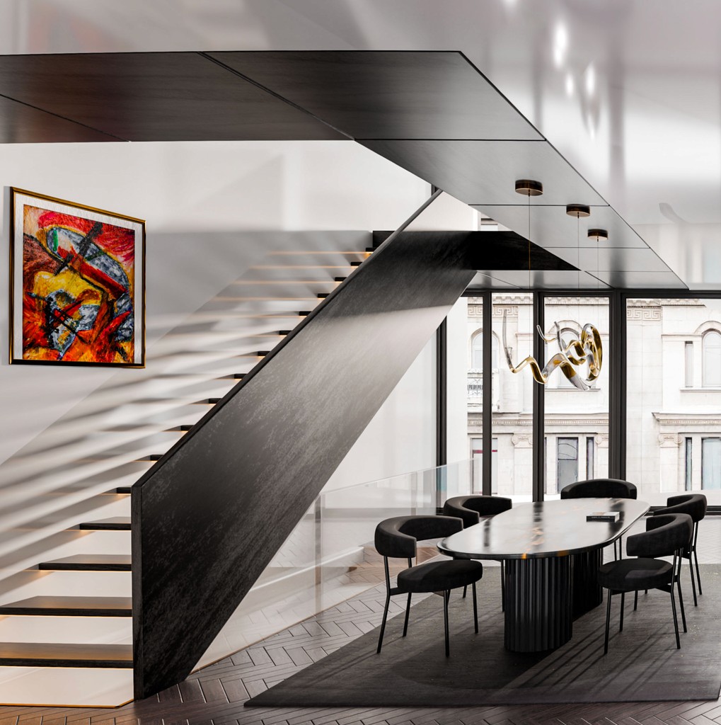 Contemporary luxury interior featuring a floating black staircase, marble dining table, sculptural chandelier and floor-to-ceiling windows