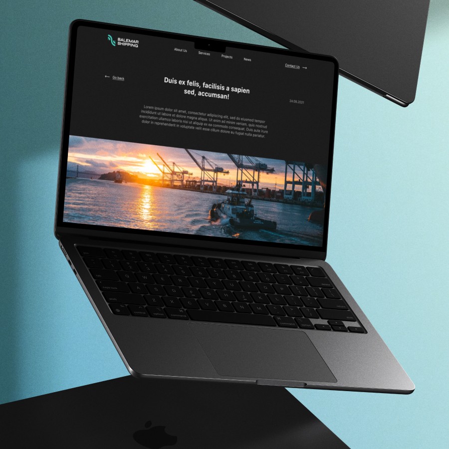 Maritime shipping company website article page with port logistics operations