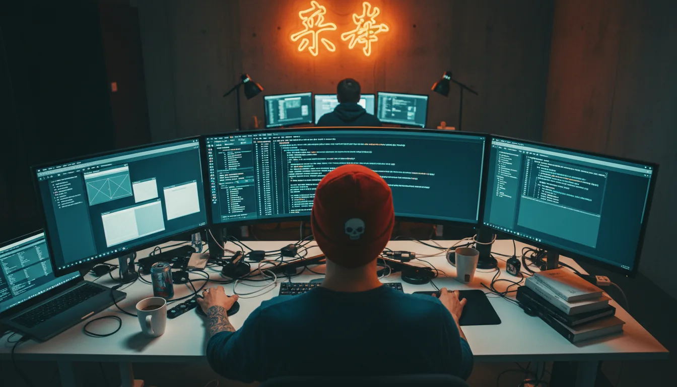 Wide-angle DSLR photo from an over-the-shoulder perspective of a developer working at a cluttered multi-monitor computer setup. The person in the foreground wears a red beanie with a white skull graphic and a blue shirt. The workstation features a large central curved ultrawide monitor displaying dark mode code, flanked by several other laptops and monitors showing UI elements. The desk is messy with tangled wires and peripherals. The scene is a modern office at night, lit with cinematic contrast lighting, featuring a strong teal and orange color grade. In the soft-focus background, another person is seated, and a glowing orange neon sign with abstract characters illuminates the wall.