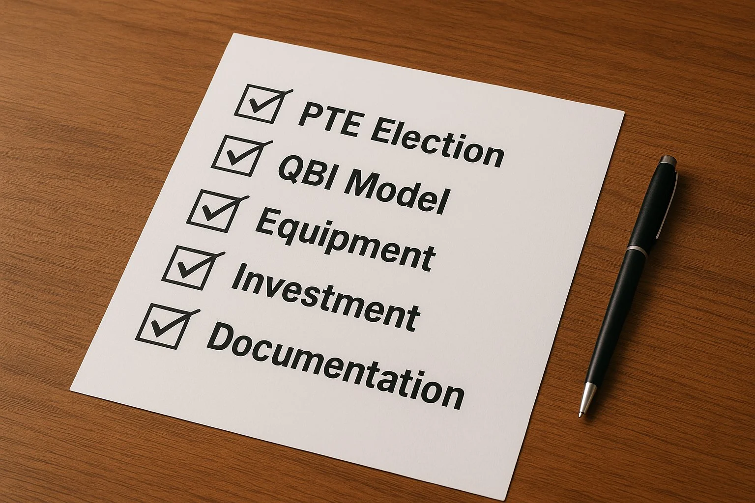 Checklist on a wooden desk with items like PTE Election, QBI Model, equipment investment, and documentation marked complete.