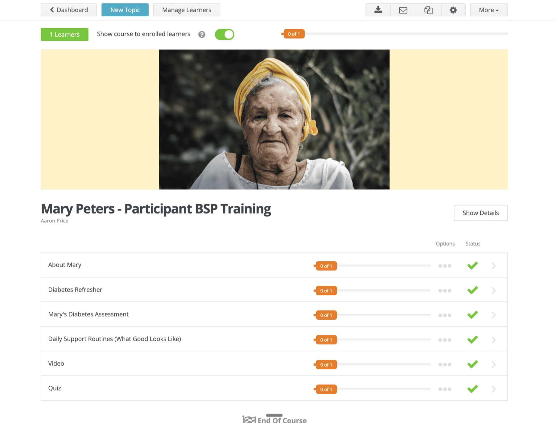 A participant-specific behaviour support plan course built in Wyzed, showing the topics a worker completes before they support that person
