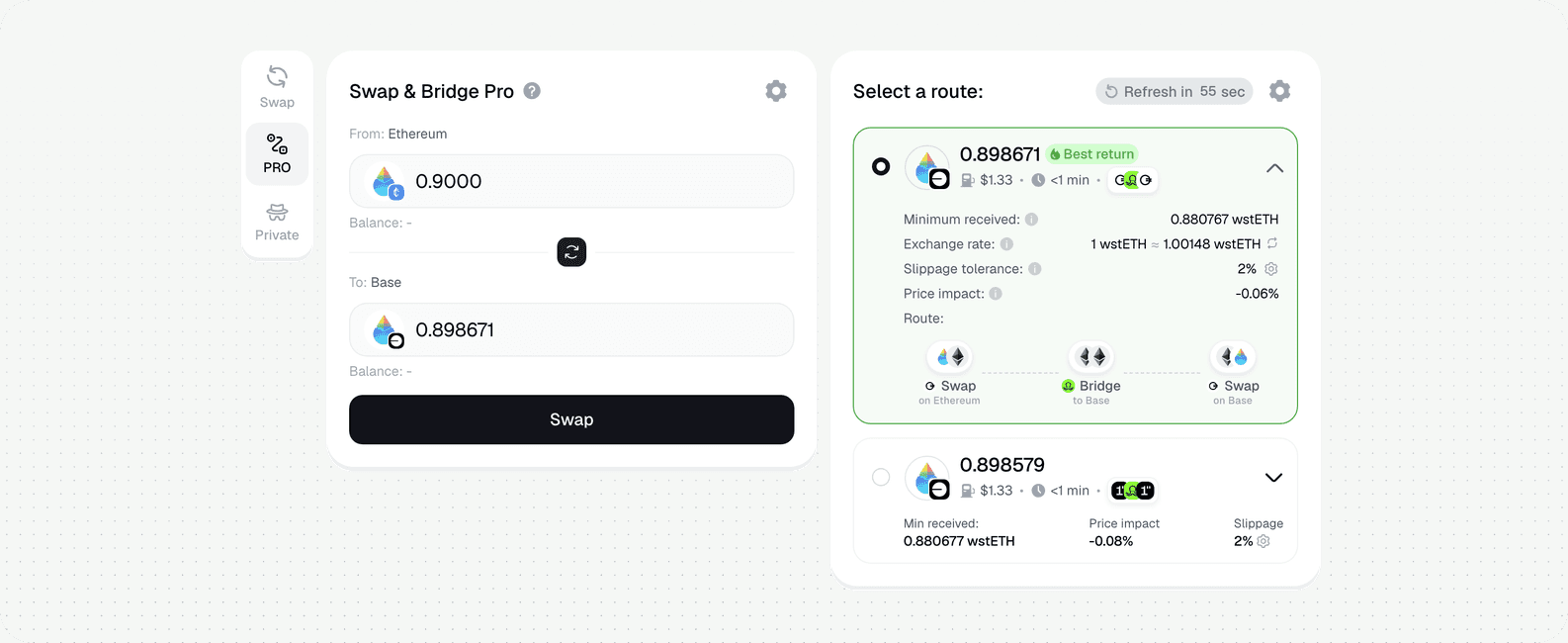 wstETH Bridge — live route in PRO mode: 0.9000 wstETH (Ethereum) to 0.8987 wstETH (Base) · Symbiosis