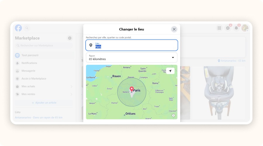 Fenêtre Facebook Marketplace pour changer localisation, Paris et rayon 65 km.&nbsp;