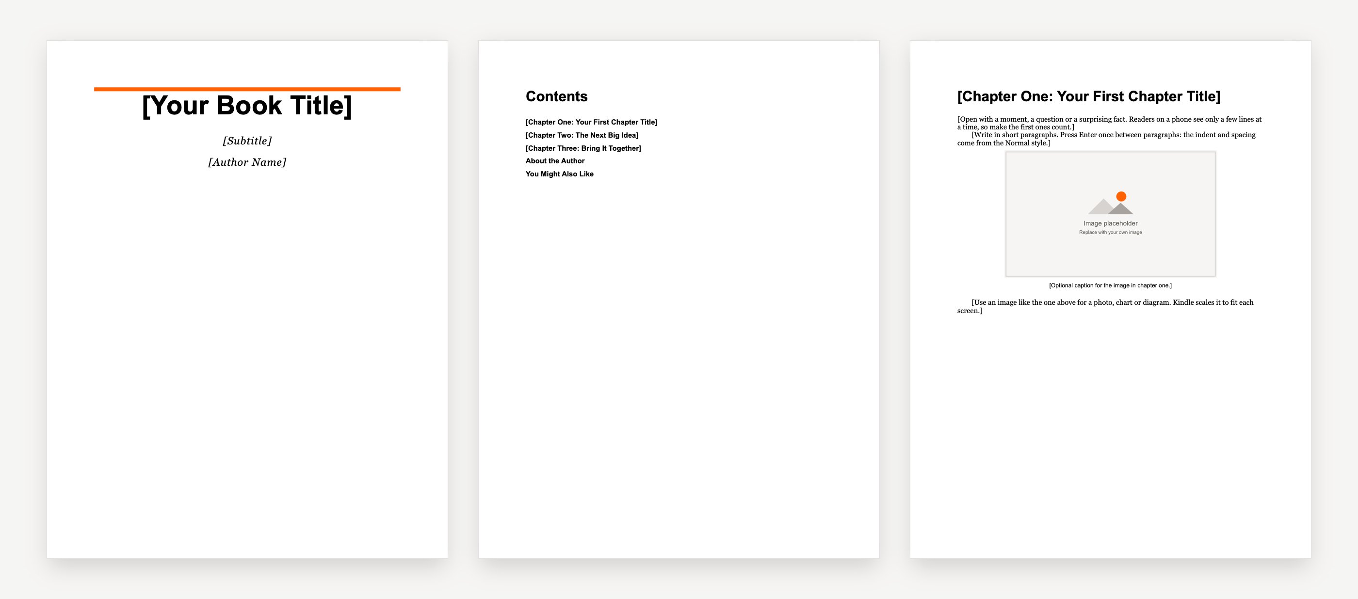 Three pages of the Kindle ebook template: the title page, the linked contents and a chapter with an inline image
