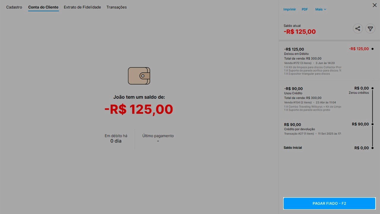 Tela de conta do cliente do sistema Nex, com saldo negativo e botão da opção de pagamento de fiado em destaque.