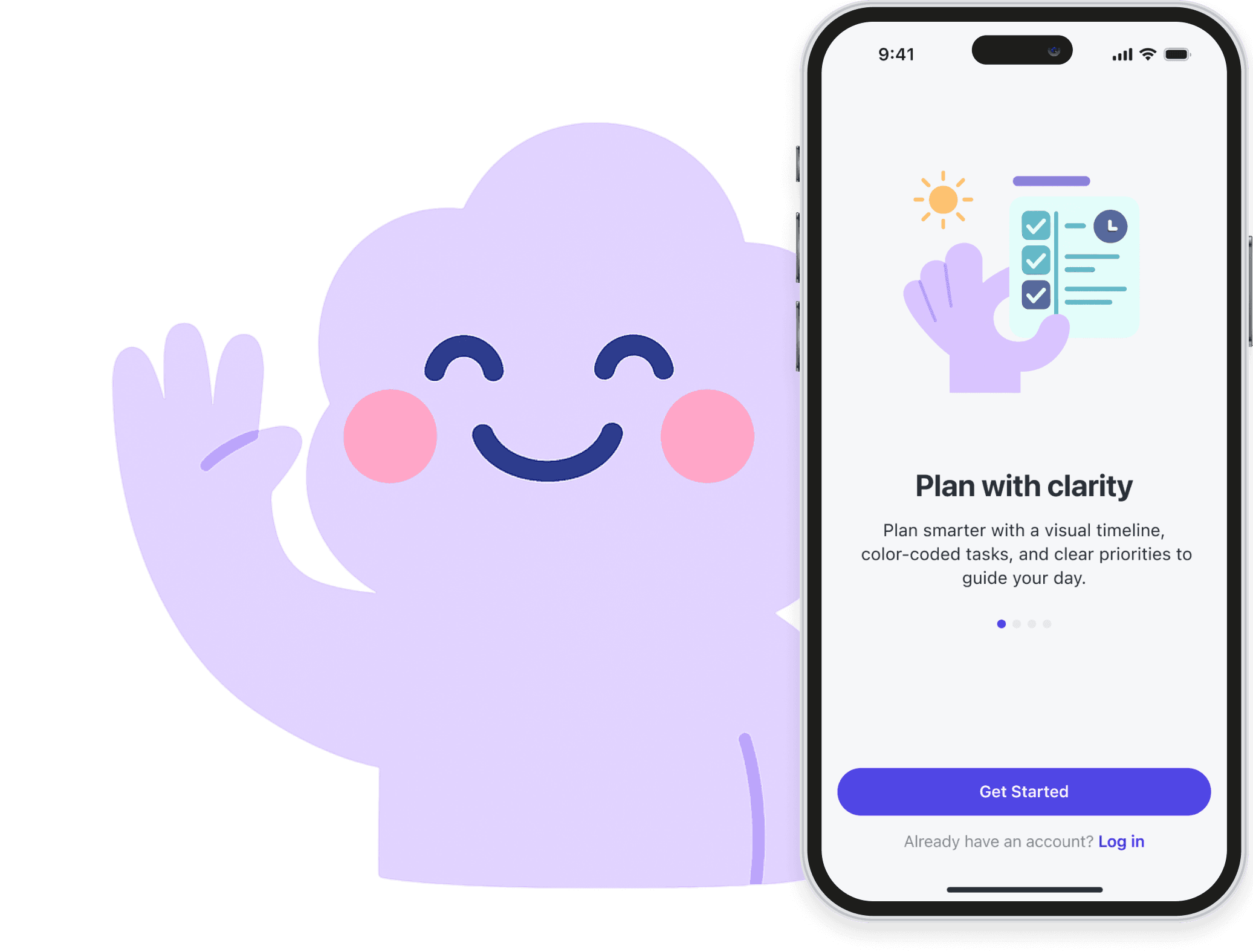flowstate overview image with a cute character of the app and a mockup of a screen from the app