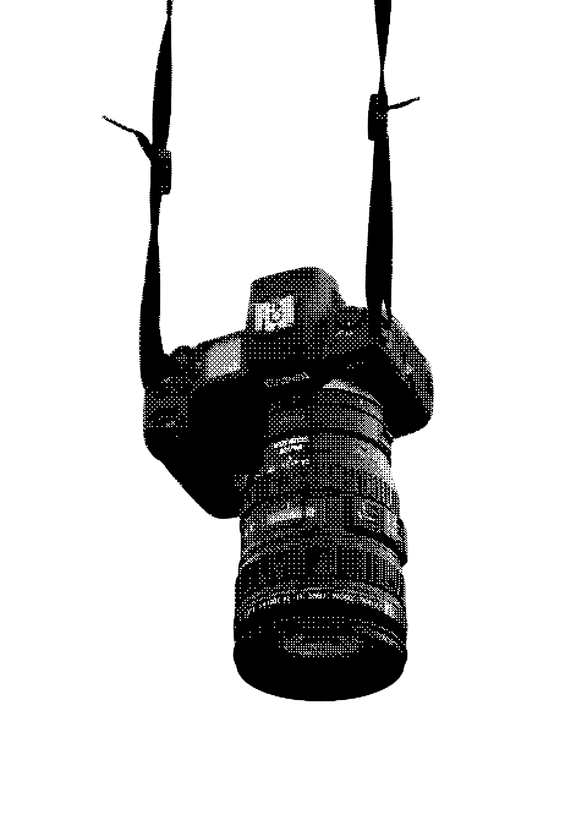 A stylized, high-contrast black and white halftone image of a modern DSLR camera with a large lens, hanging vertically against a solid black background.