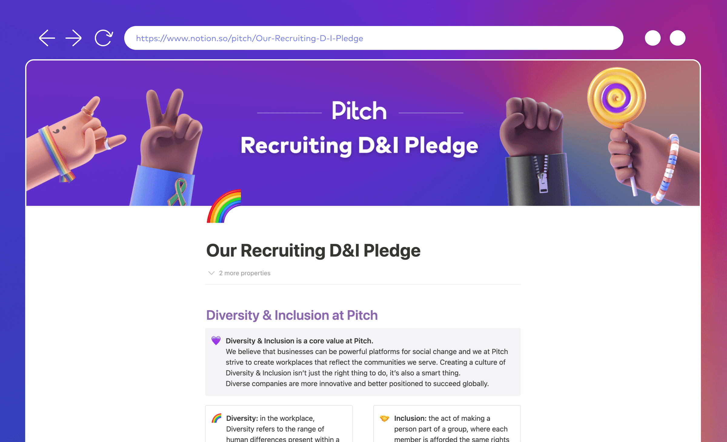 A screenshot of Pitch's Recruiting D&I Pledge notion page. Click on the image to go to the page. In the image, there is a banner with four hands and a rainbow gradient background. The light-skinned hand in the far left has a rainbow wristband with a semi-colon tattoo. The hand beside is brown with a green mental health ribbon. On the right side, there is a black hand in a fist with a zipper cuff. On the far right, there is a brown hand holding a yellow lollipop with a purple ring in the middle (the intersex symbol), and a beaded wristband with the trans pride flag colors.
