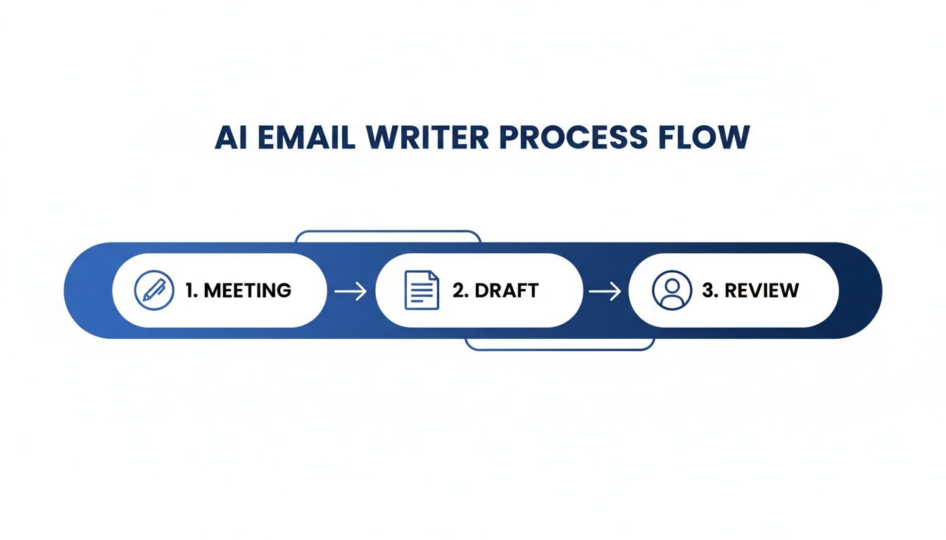 AI Email Writer Process Flow illustrating three steps: Meeting, Draft, and Review with icons.