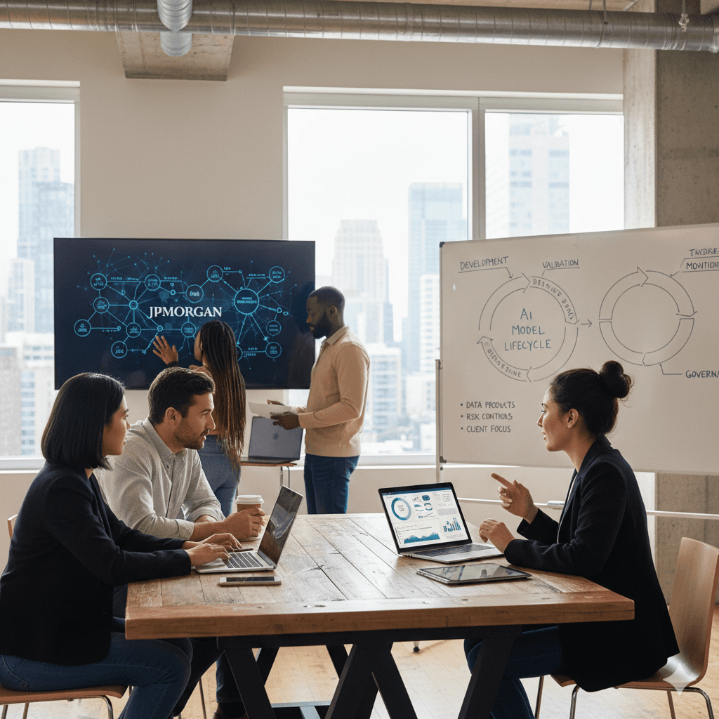 A group of professionals collaborates in a modern office setting with a screen displaying a digital network diagram labeled "JPMorgan," and a whiteboard with illustrations related to AI model lifecycle.