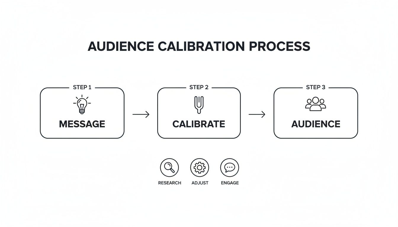 Flowchart illustrating the Audience Calibration Process: Message, Calibrate, Audience steps, with sub-steps Research, Adjust, Engage.