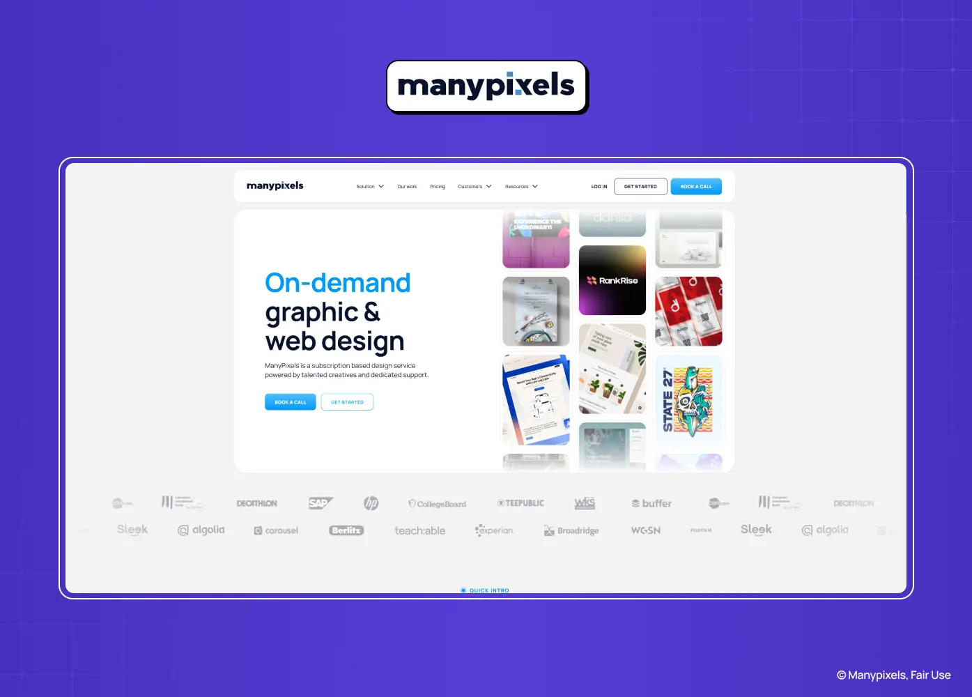 Homepage of ManyPixels featuring its on-demand graphic and web design subscription services.