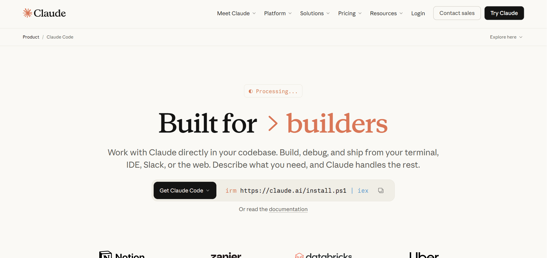 Claude Code website featuring "Built for builders" headline and terminal install command.