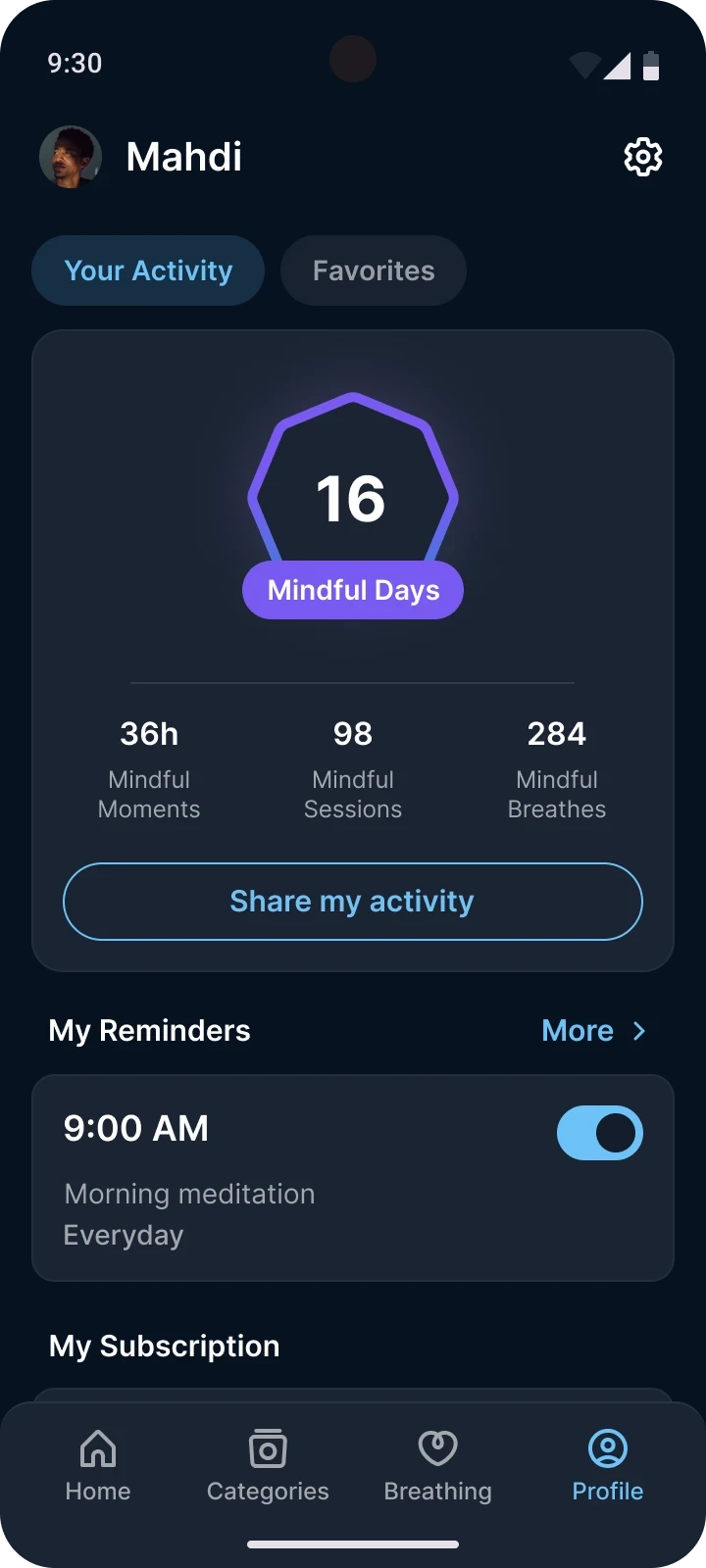 Profile screen in dark mode