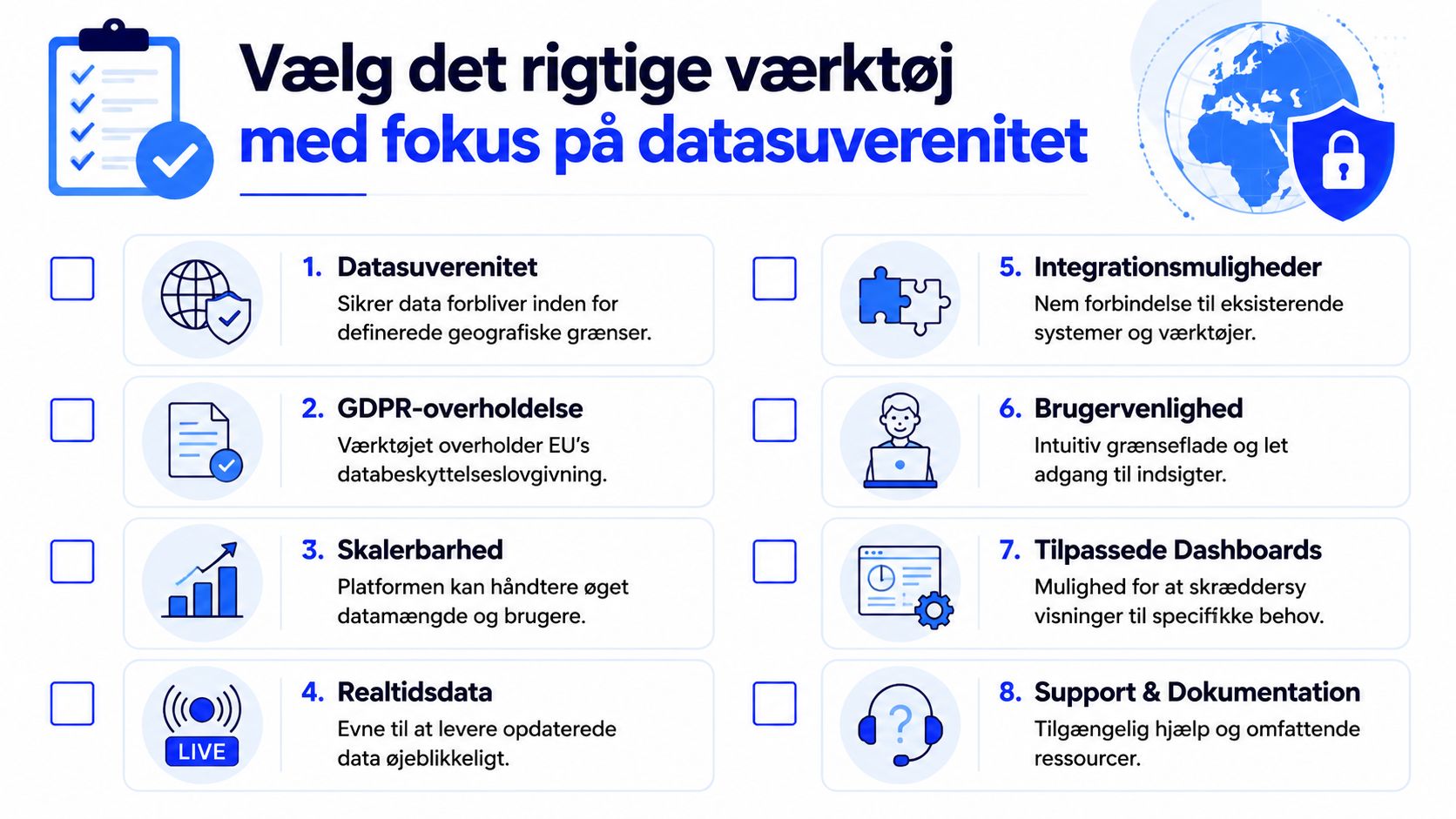 Infografik med otte vigtige kriterier til valg af værktøjer med fokus på datasuverænitet og GDPR.