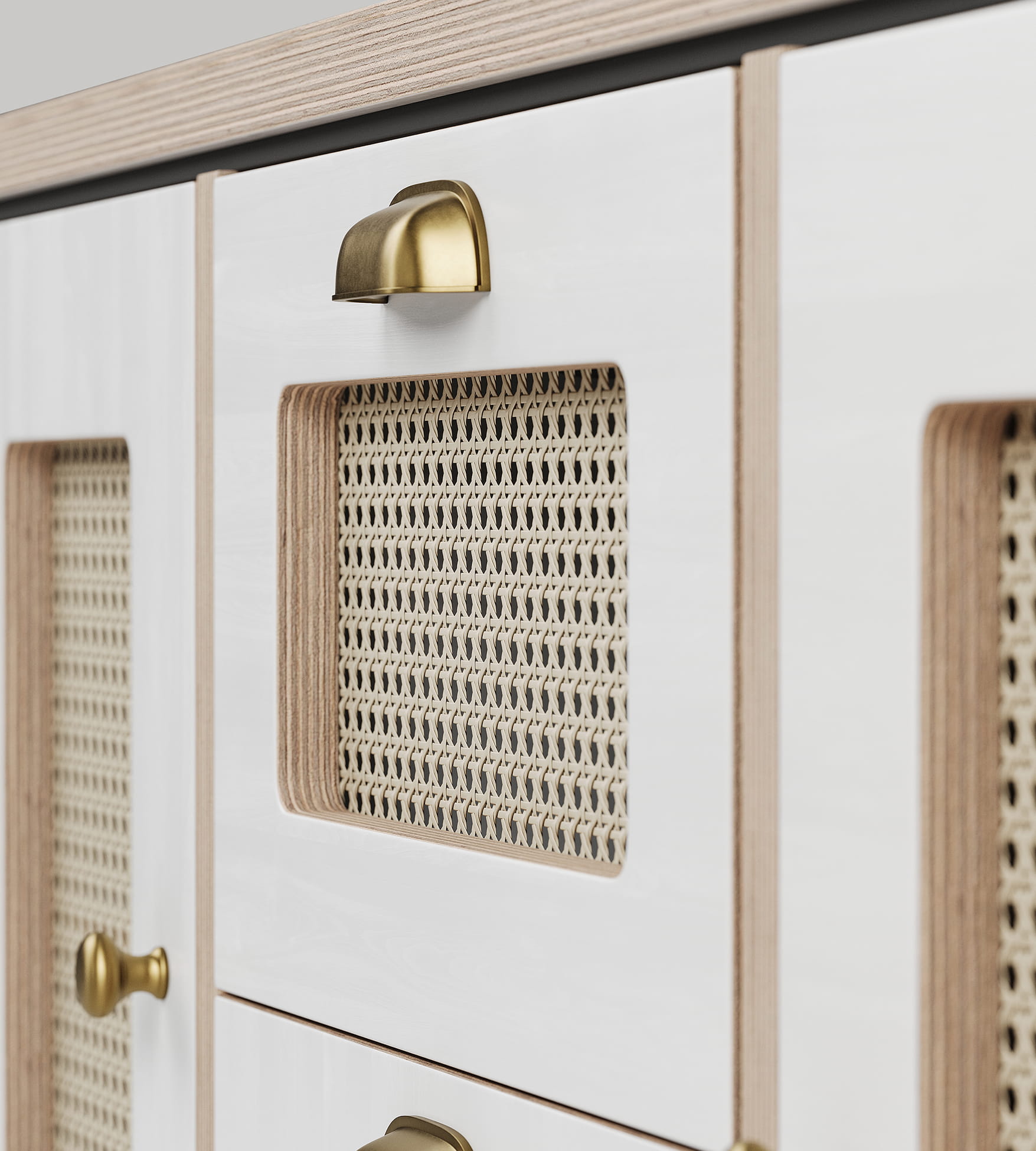 Rattan cabinet detail 3D render with brass handle and wooden frame