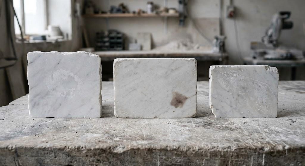Three marble sample slabs showing an etched patch, an absorbed stain, and hard-water mineral buildup