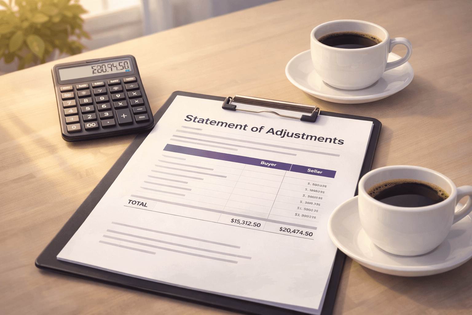 Calculator and settlement documents on a desk representing property adjustments