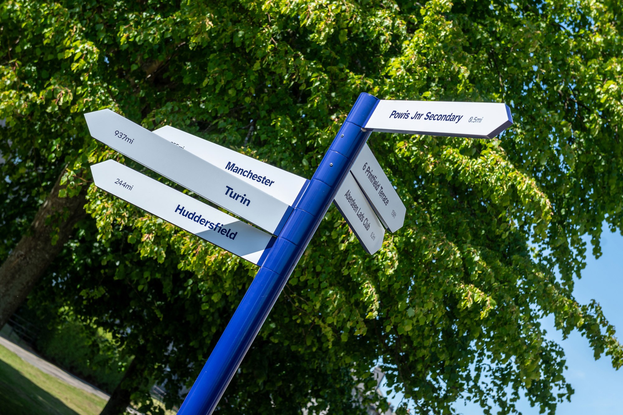 Finger signpost on Denis Law legacy trail, Aberdeen, Scotland