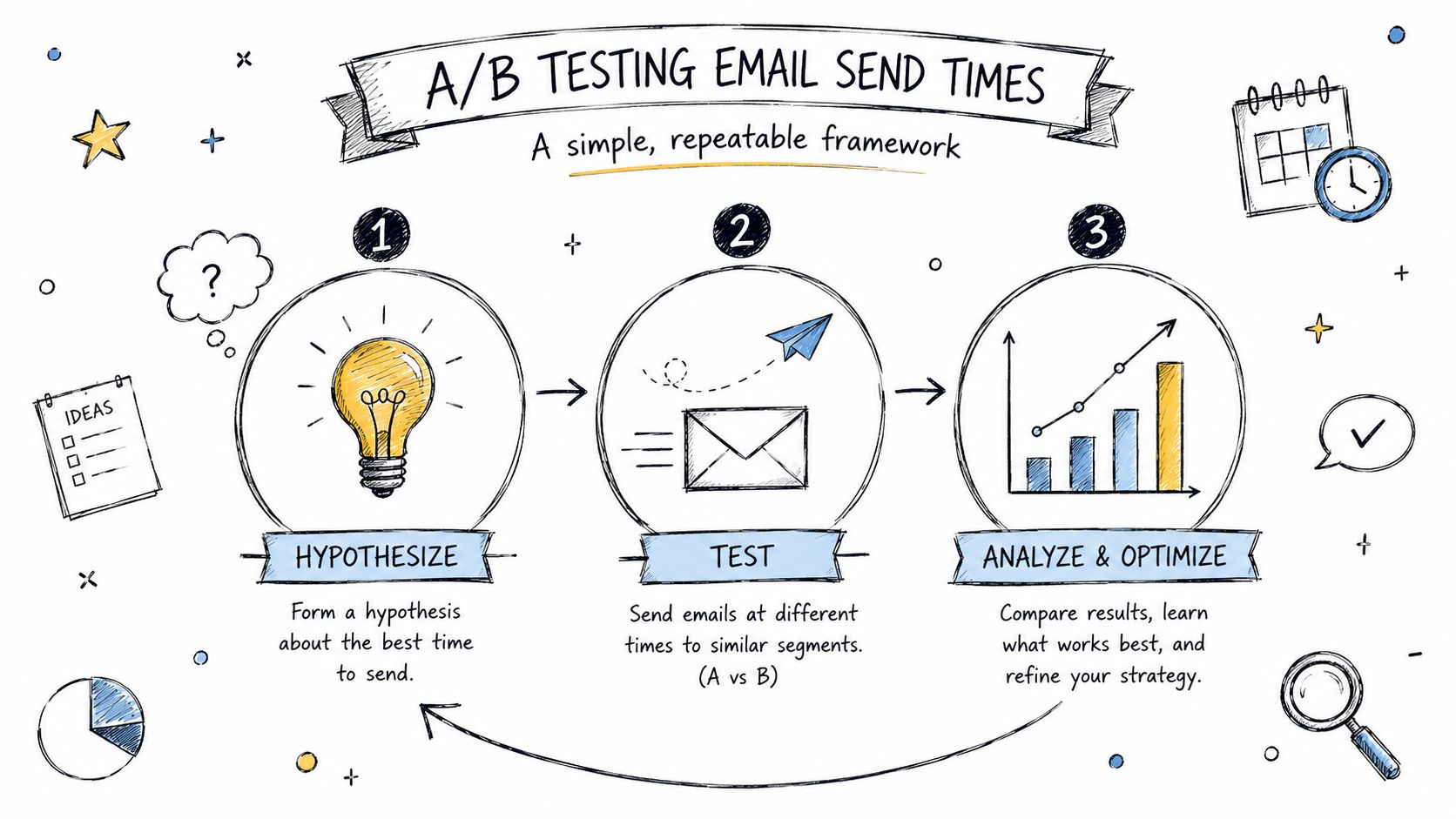 A hand-drawn illustration showing a three-step framework for A/B testing email send times for marketing campaigns.