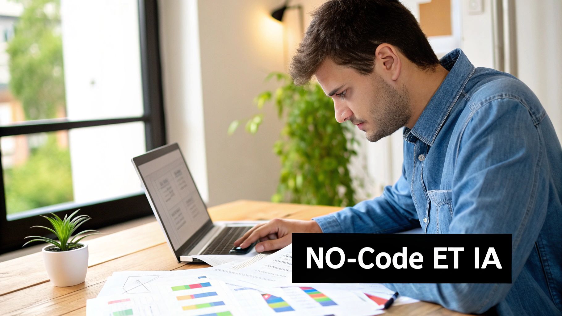 Un homme concentré travaille sur un ordinateur portable, entouré de documents avec des graphiques et une plante sur son bureau.
