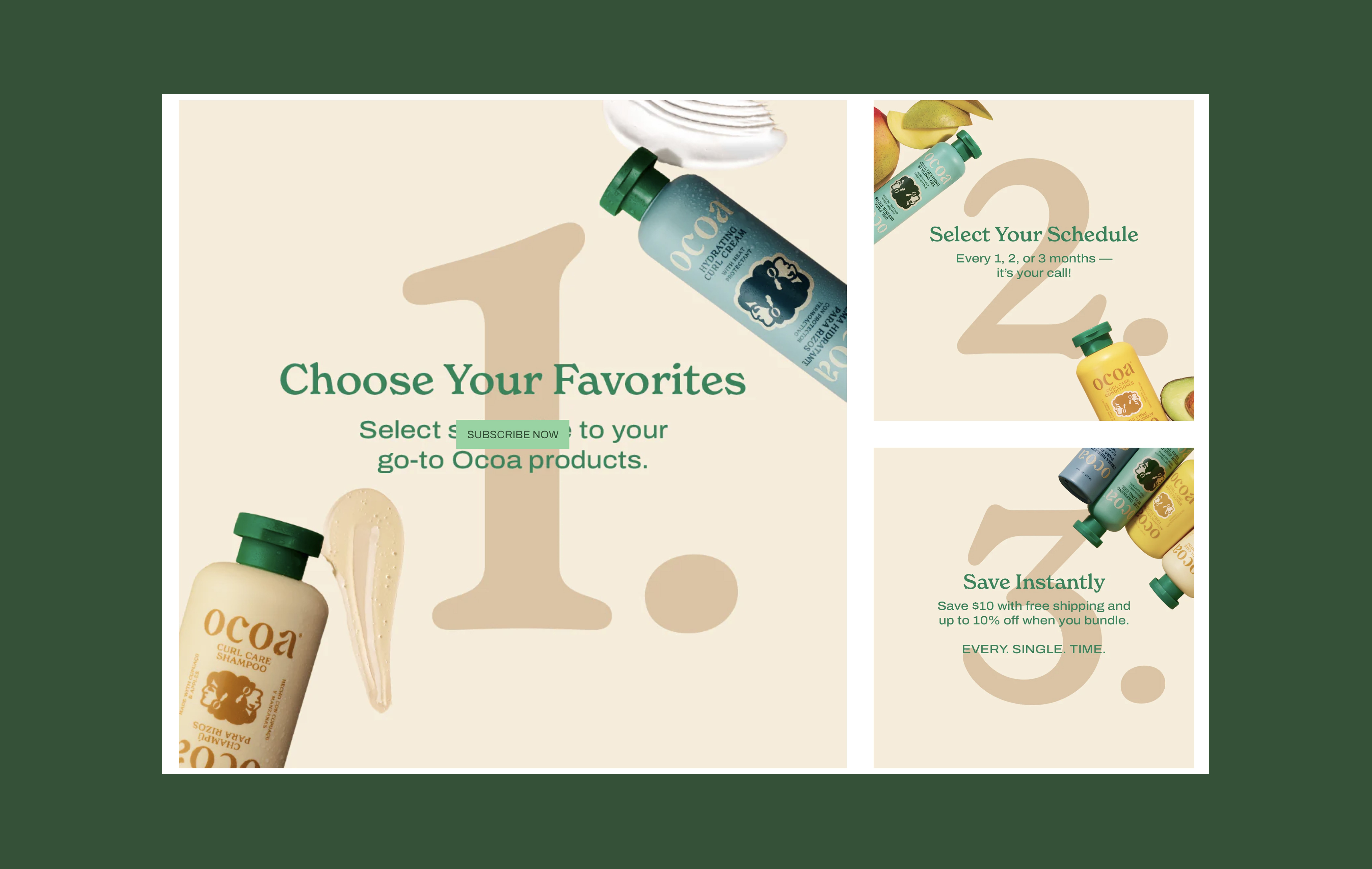 Ocoa subscription landing page detailing perks, savings, and product care