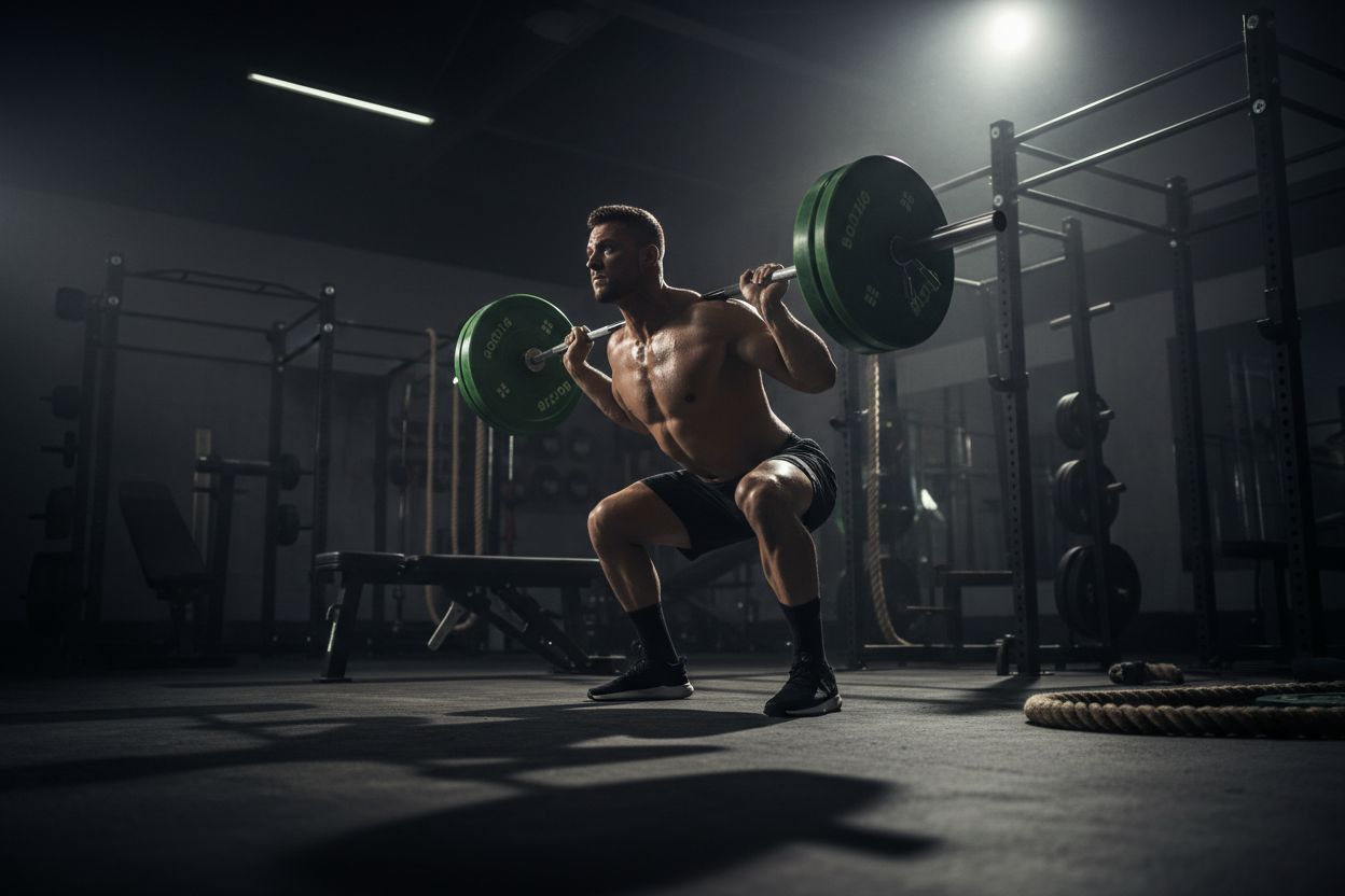 Una persona haciendo una sentadilla con barra en el gimnasio