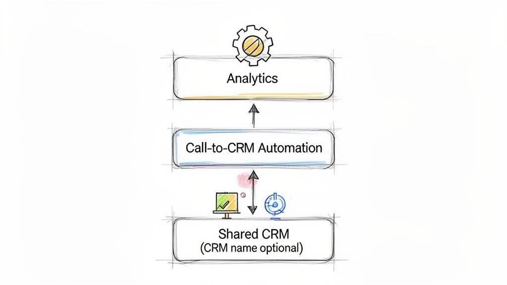 Diagram illustrating a data flow from Shared CRM, through Call-to-CRM Automation, to Analytics.