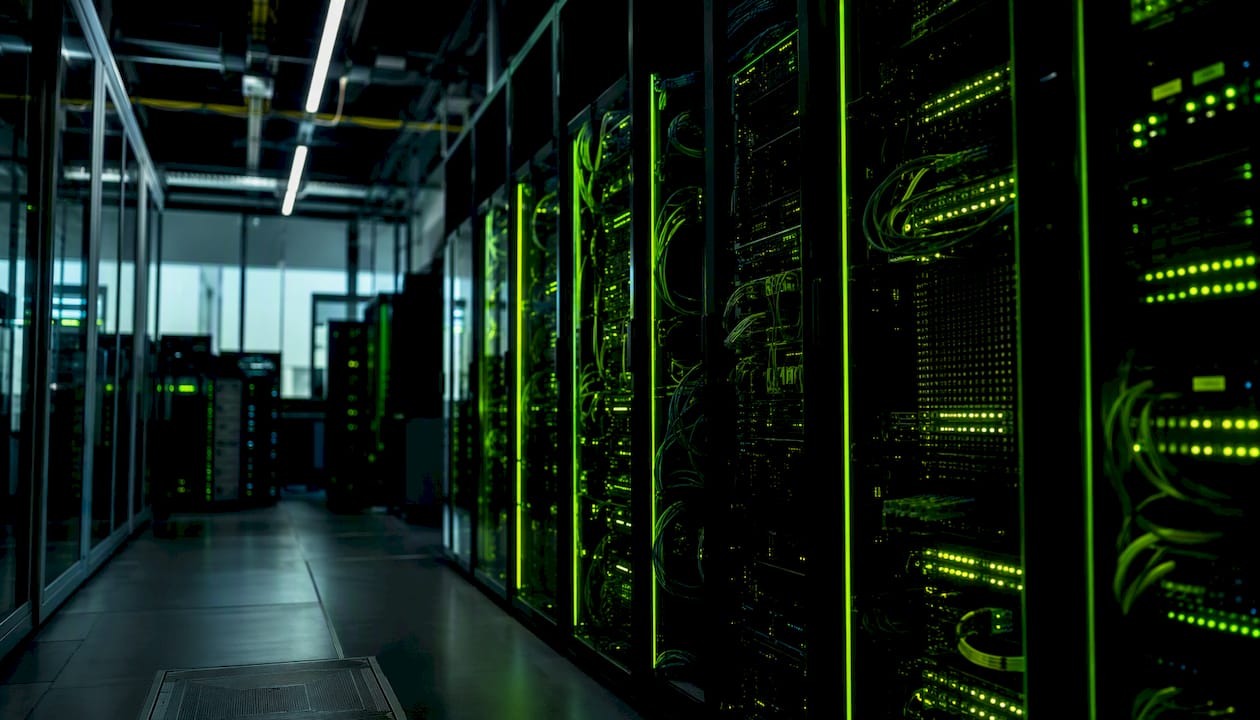 Glowing server racks in dark tech lab