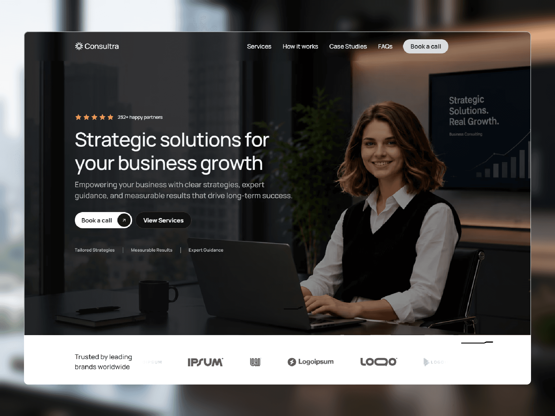 Strategic business consulting website homepage with professional consultant.