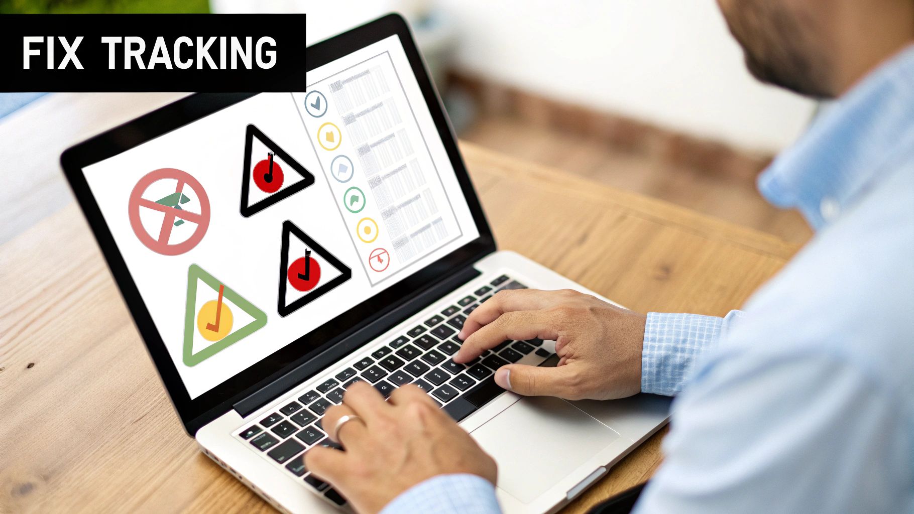 Person using a laptop with 'Fix Tracking' software displaying various status icons.
