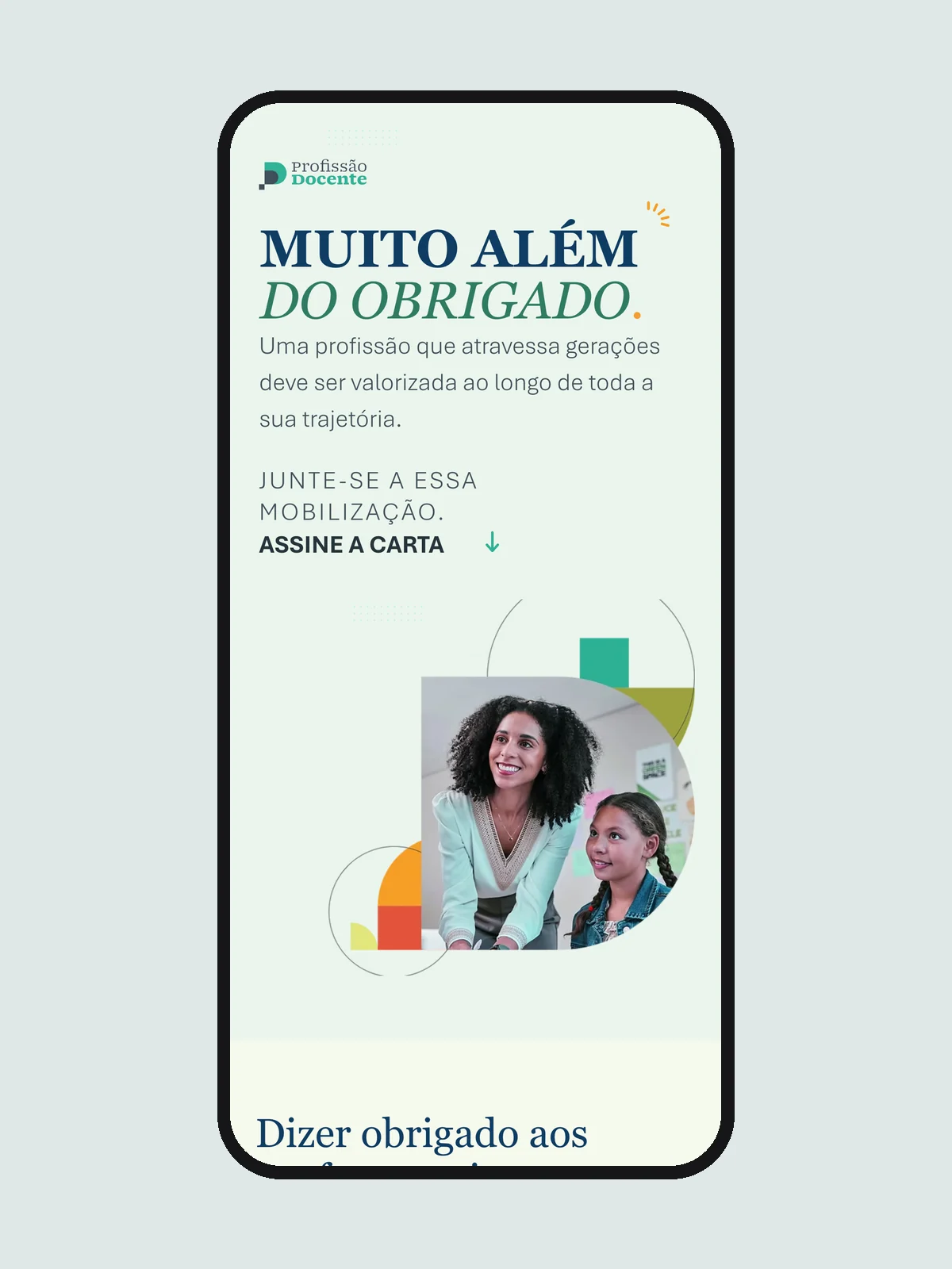 Landing Muito além do obrigado, da Profissão Docente, no celular