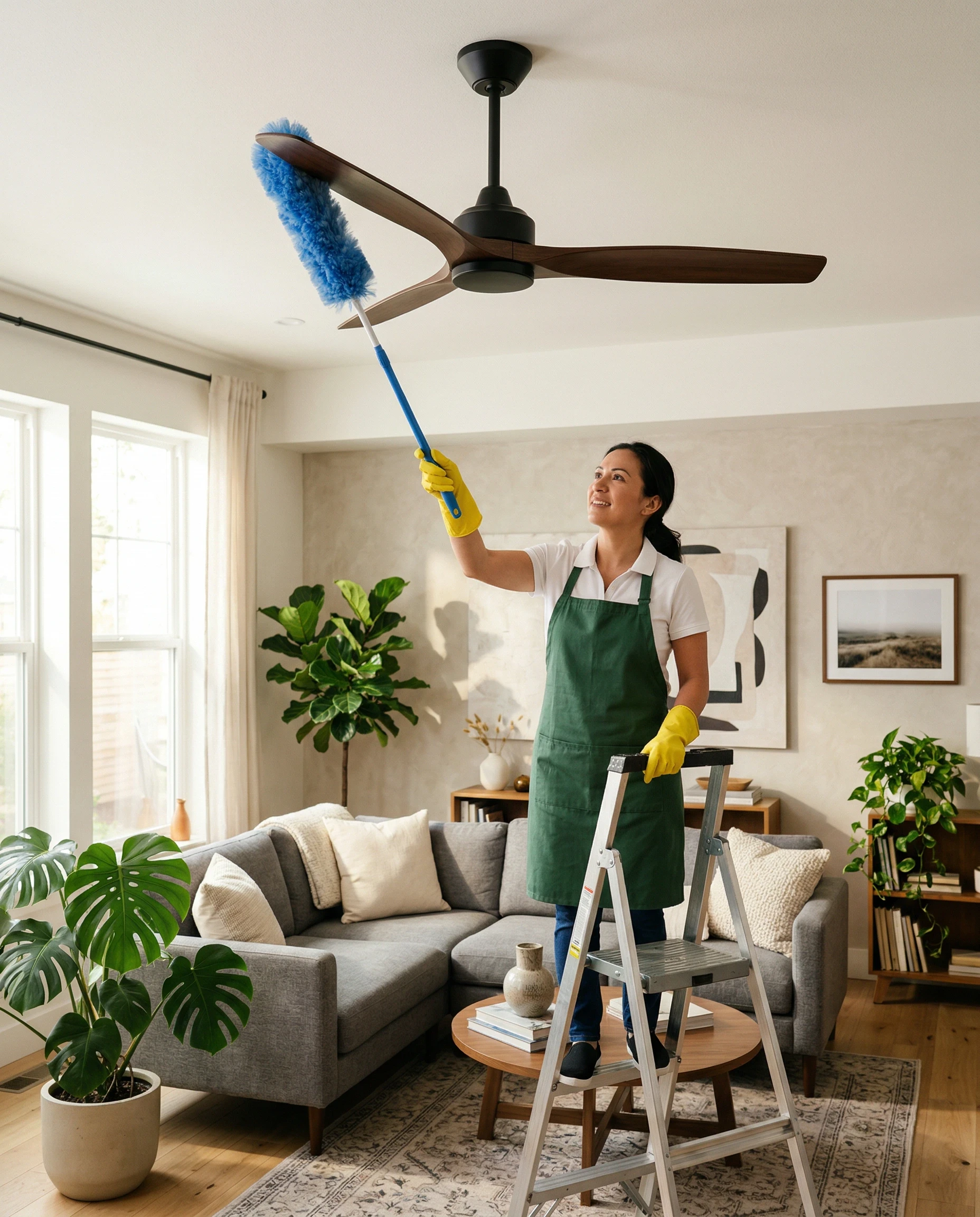 Woman dusting a ceiling fan while standing on a ladder in a living room.