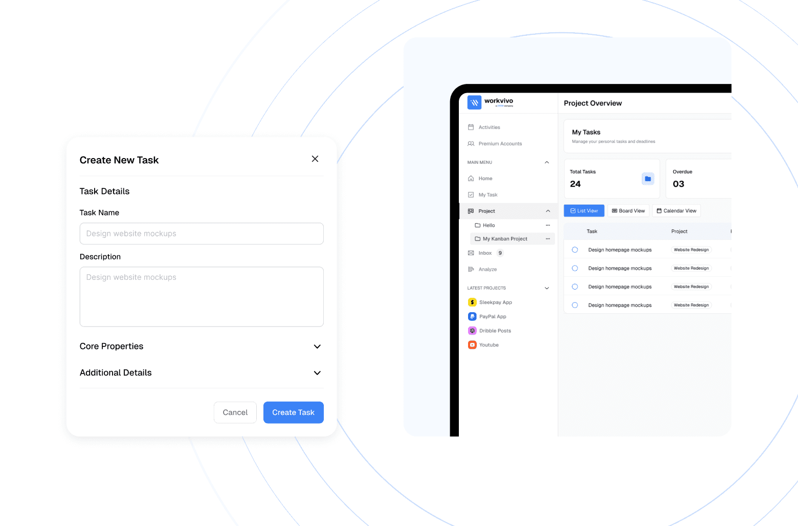 Create new task modal with task details form on dashboard