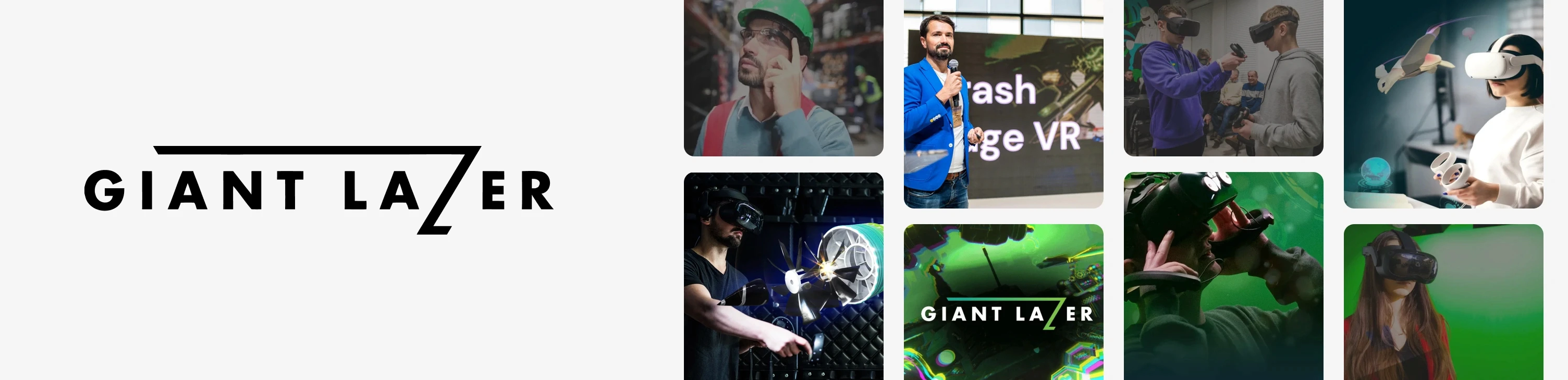 The Giant Lazer wordmark beside photographs of people wearing VR headsets in training and industrial settings, a worker in a hard hat, a speaker presenting on stage, and a technician inspecting a machine part in mixed reality.
