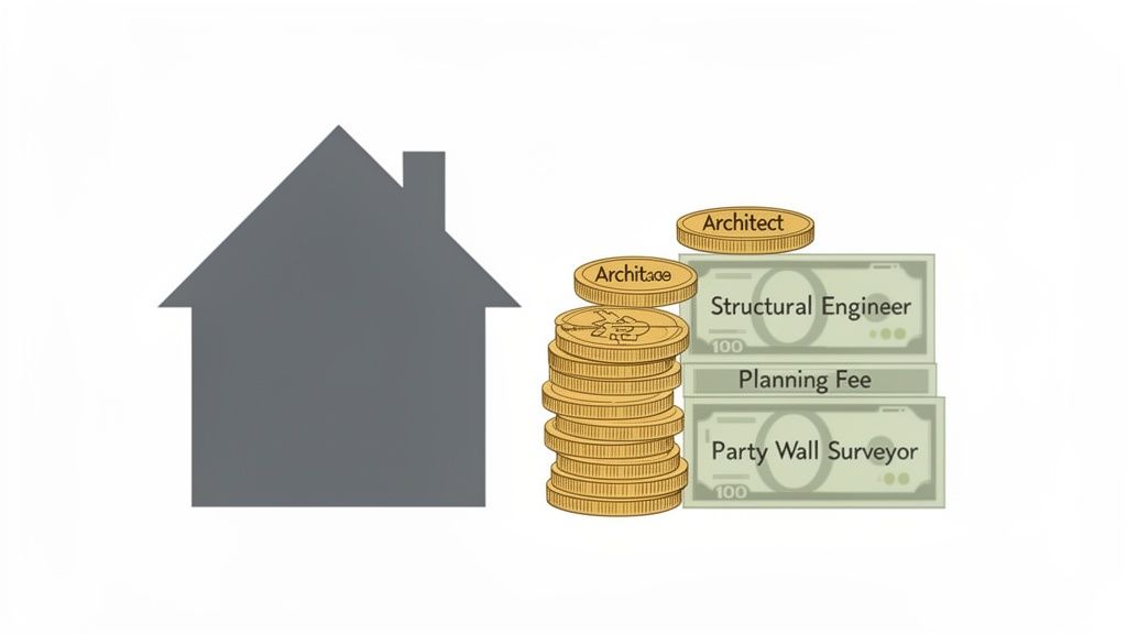 An illustration showing a house silhouette next to stacked coins and banknotes detailing construction costs.