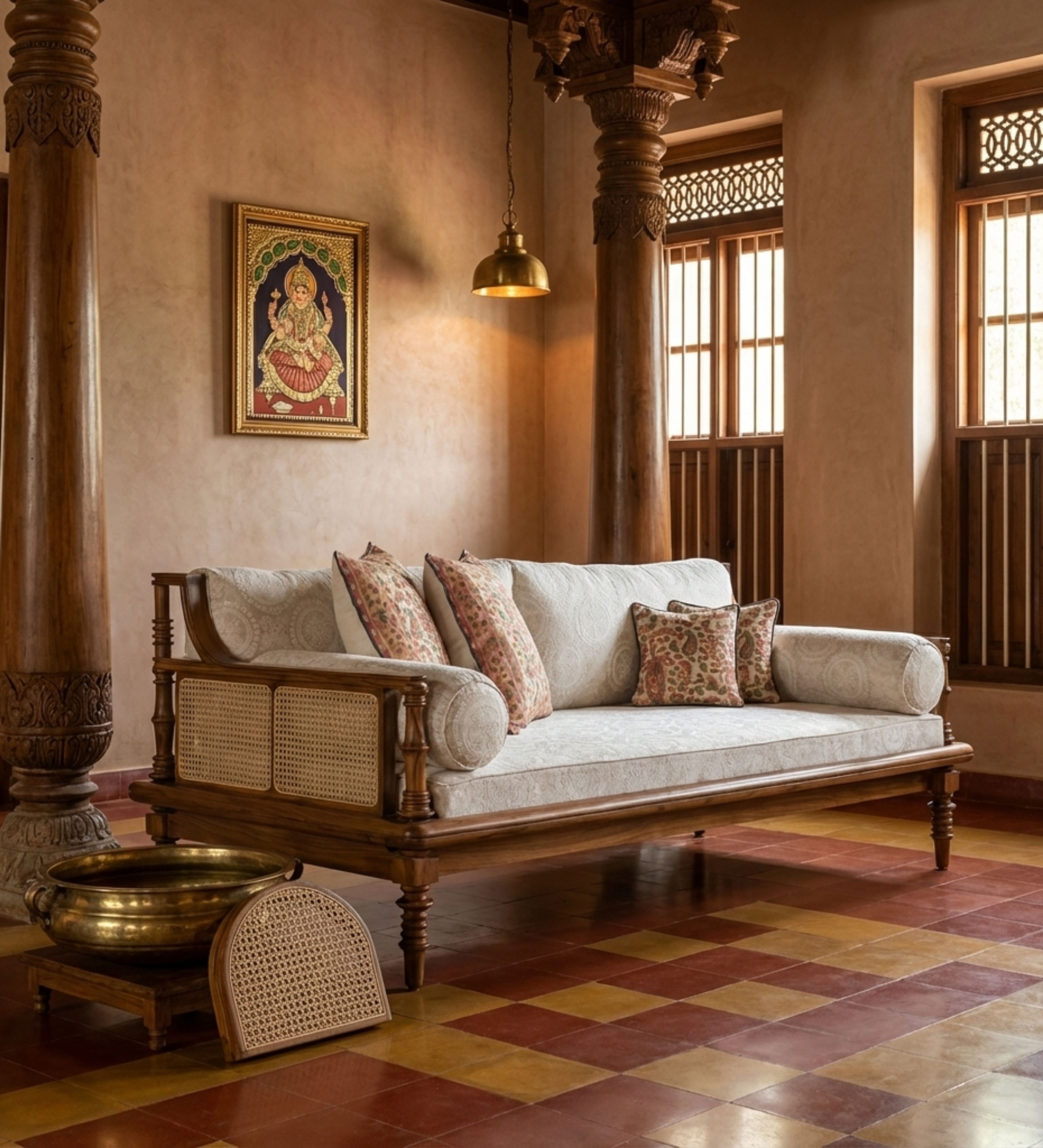 Plum velvet 3-seater with channel tufting and gold-toned legs.