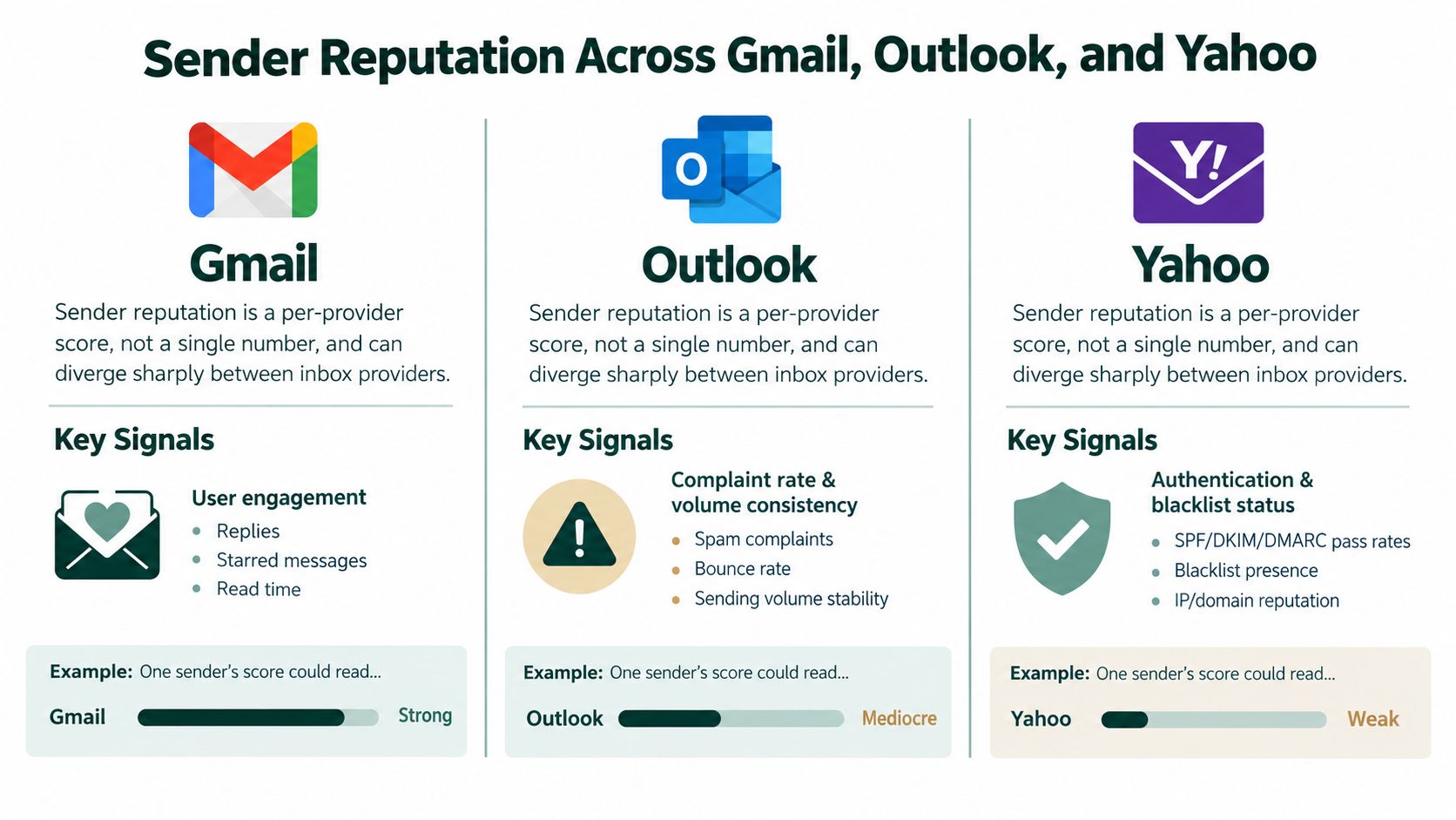 A comparison chart showing how sender reputation differs across Gmail, Outlook, and Yahoo email providers.
