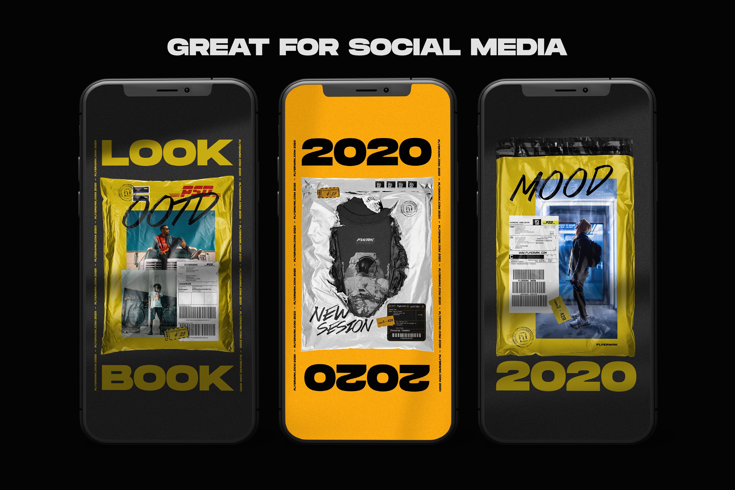 Parcel delivery bag mockups displayed on smartphone screens for social media posts