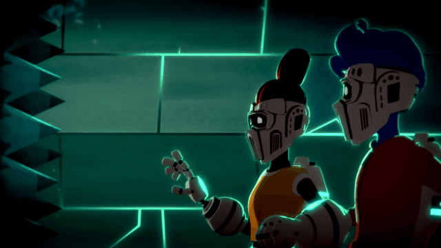 Two armored characters exploring a glowing corridor lined with neon-lit walls and traps
