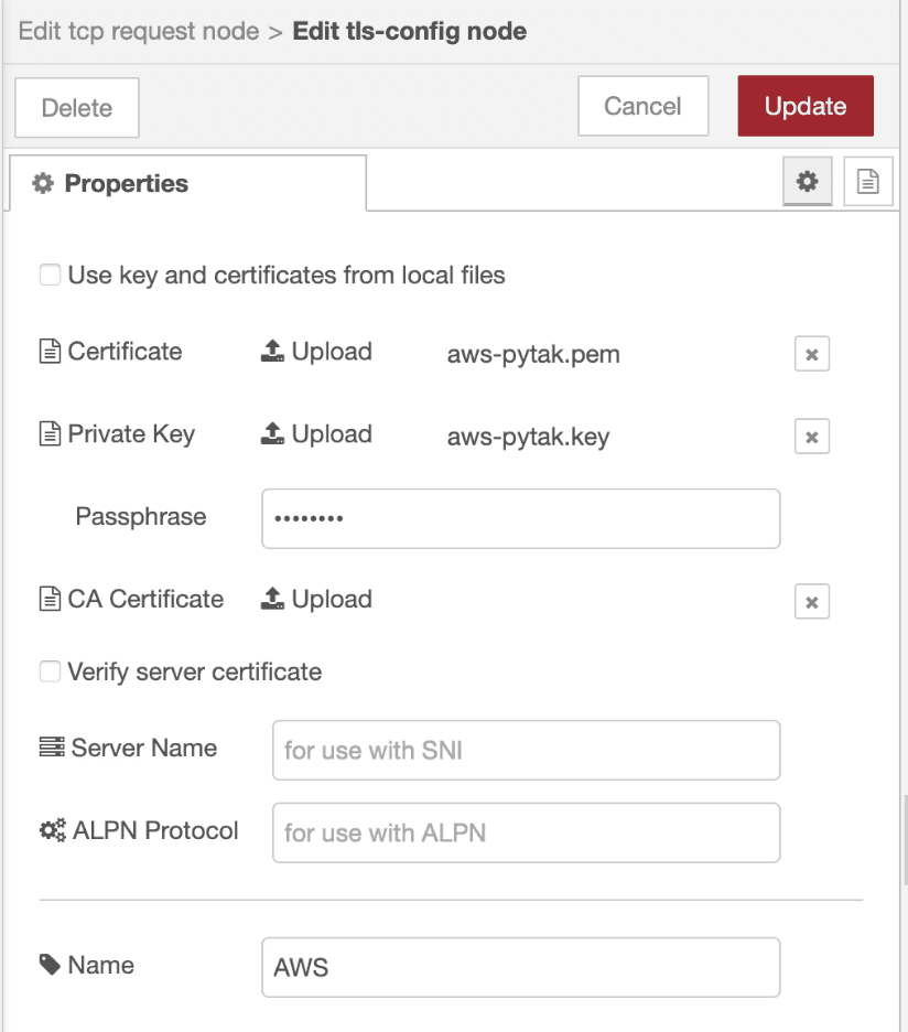 A configuration interface for editing TLS properties including certificate uploads, private key, passphrase, CA certificate, server name, and ALPN protocol settings.