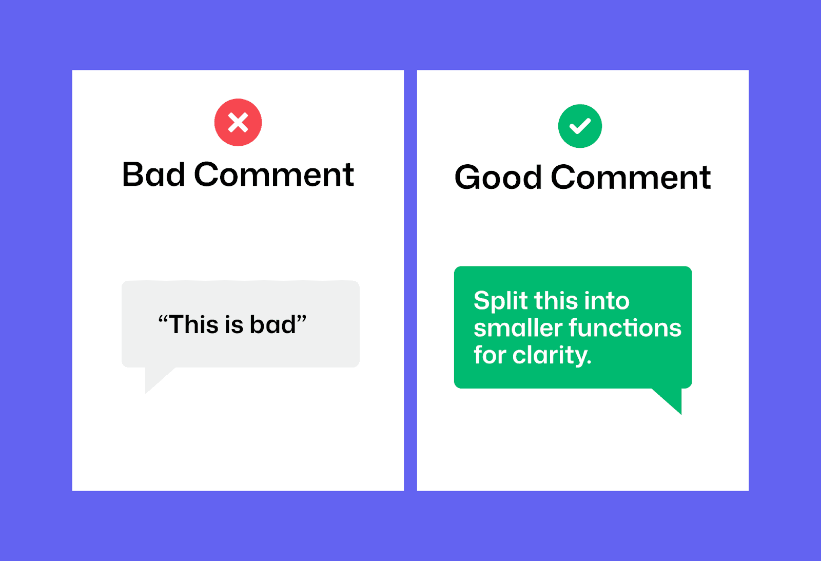 Example of bad vs good code review comments – showing how specific, actionable feedback improves developer communication.