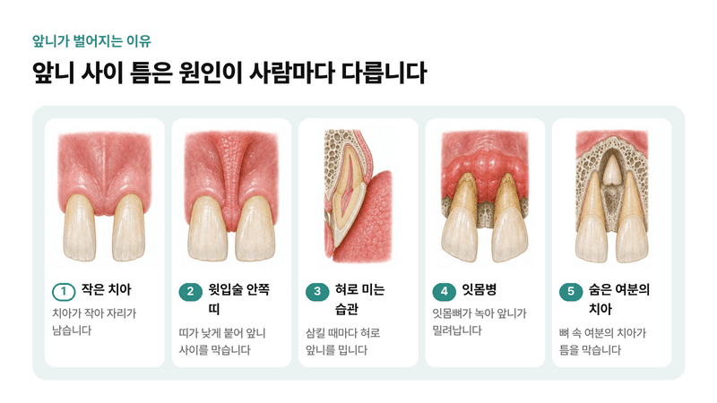 작은 치아, 윗입술 안쪽 띠, 혀로 미는 습관, 잇몸병, 뼈 속에 숨은 여분의 치아까지 앞니 사이가 벌어지는 다섯 가지 이유를 그린 일러스트