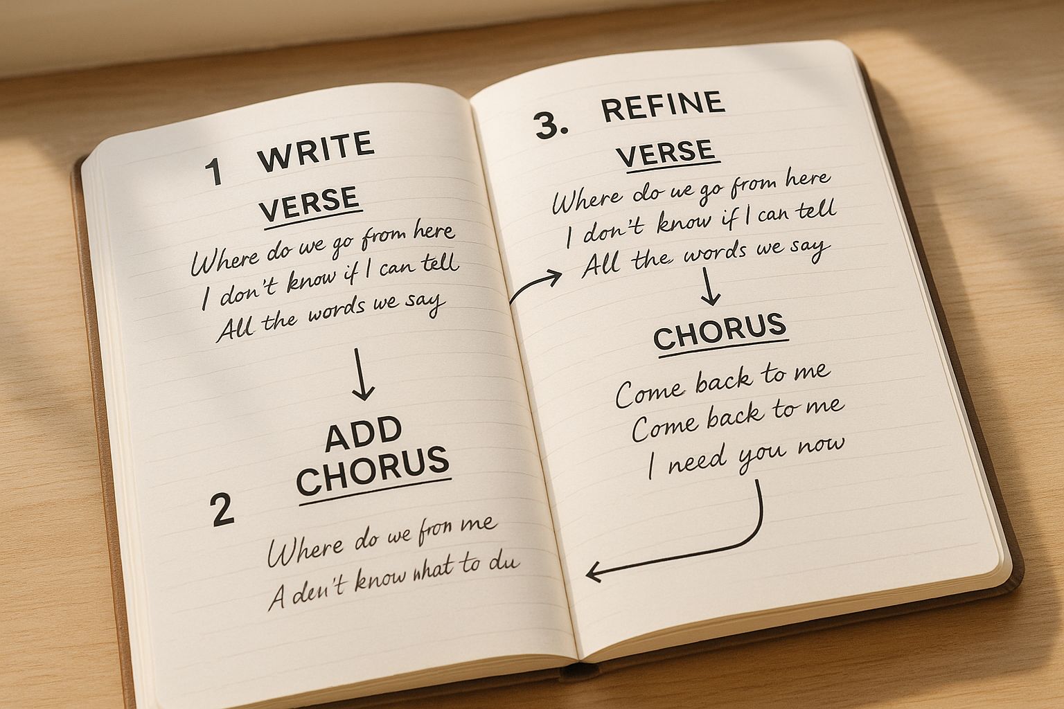 An open notebook showing drafted verses and choruses, with arrows indicating the flow and structure of the song.