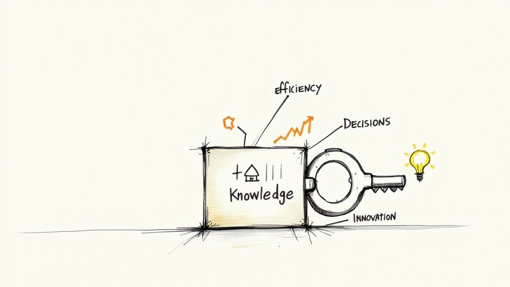 Hand-drawn diagram illustrating how knowledge drives efficiency, decisions, innovation, and new ideas.