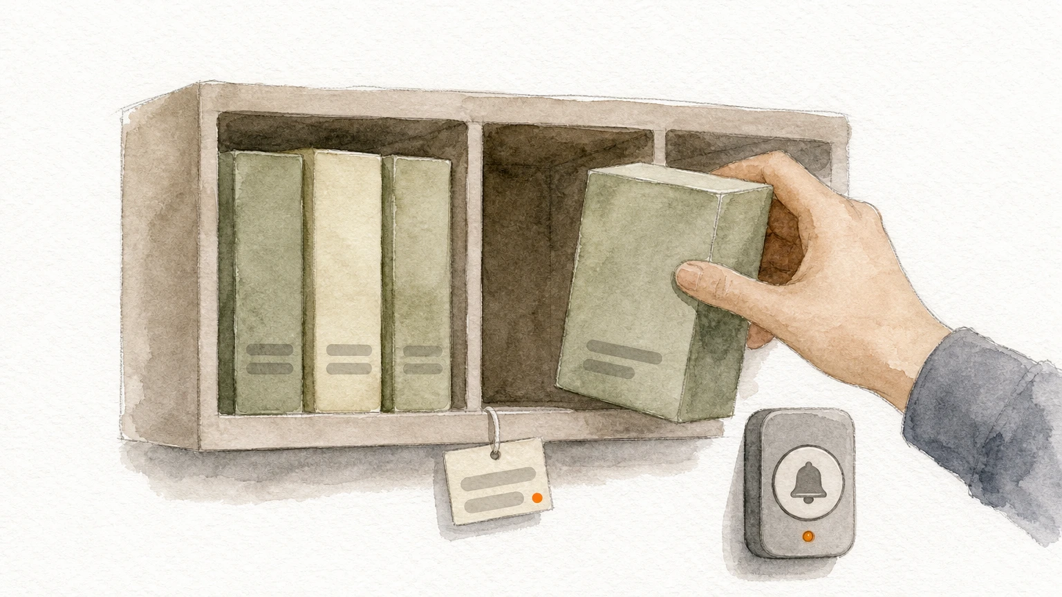 A hand restocking an empty shelf slot with a notification bell next to the shelf.