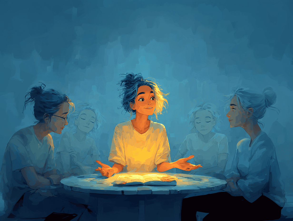 A central figure makes eye contact with translucent versions of themselves seated around a table