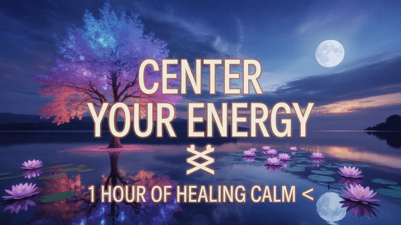 Glowing healing tree by moonlit lake with lotus flowers and Center Your Energy text