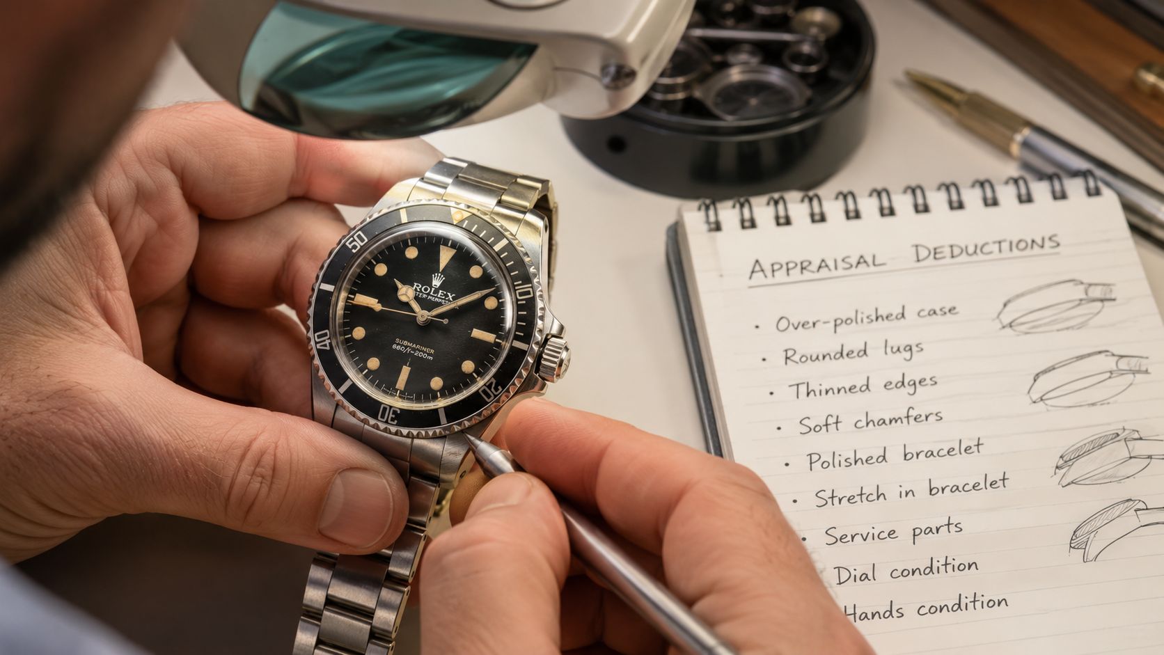 A professional watch appraiser inspecting a vintage Rolex Submariner while documenting its condition for resale valuation.